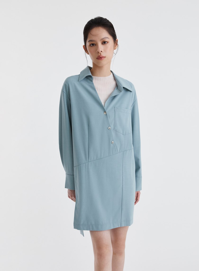 不對稱設計半開襟襯衫洋裝