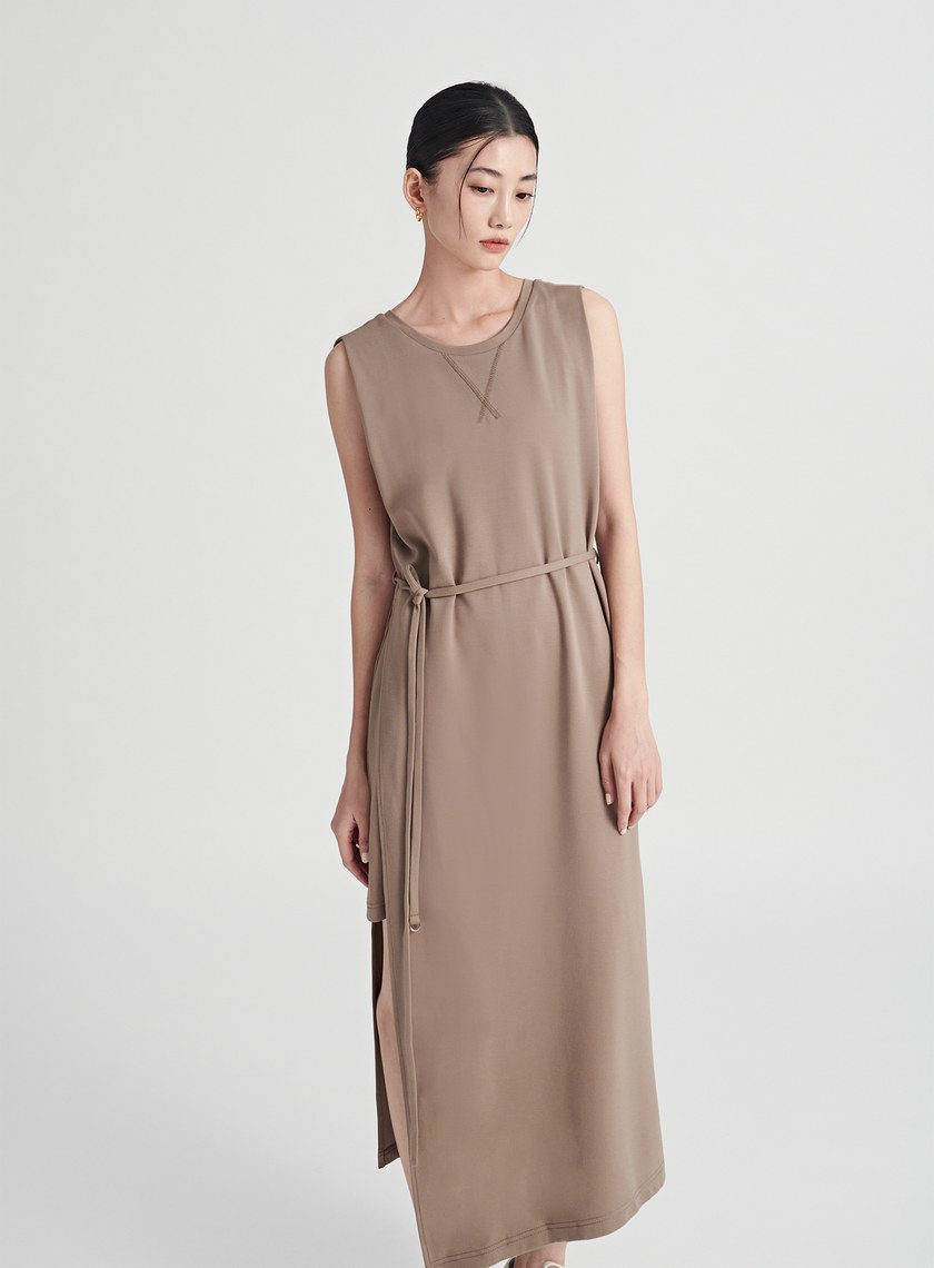 異素材拼接側開衩長洋裝