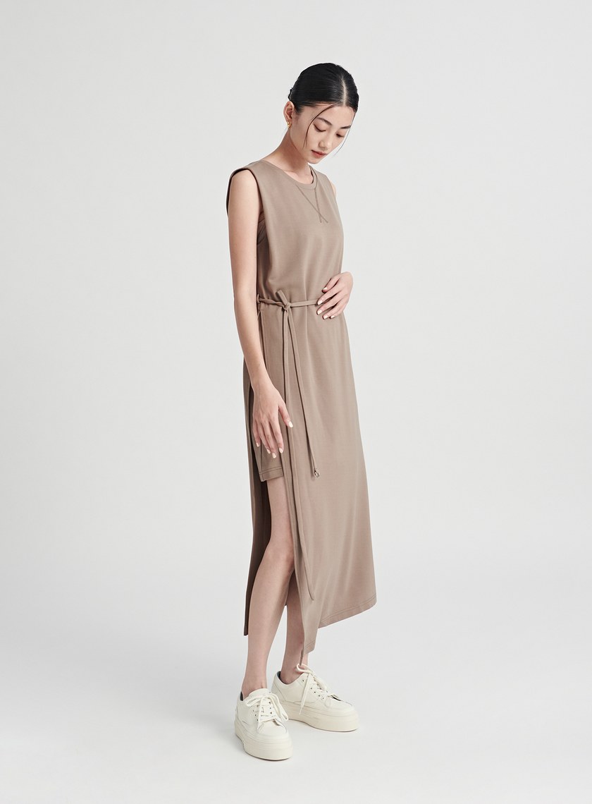 異素材拼接側開衩長洋裝