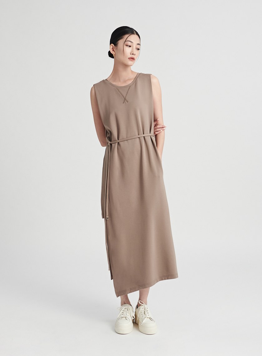 異素材拼接側開衩長洋裝