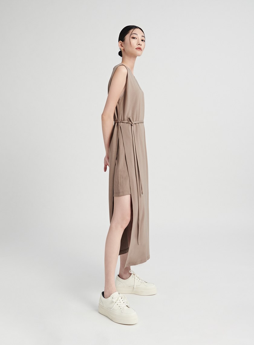 異素材拼接側開衩長洋裝
