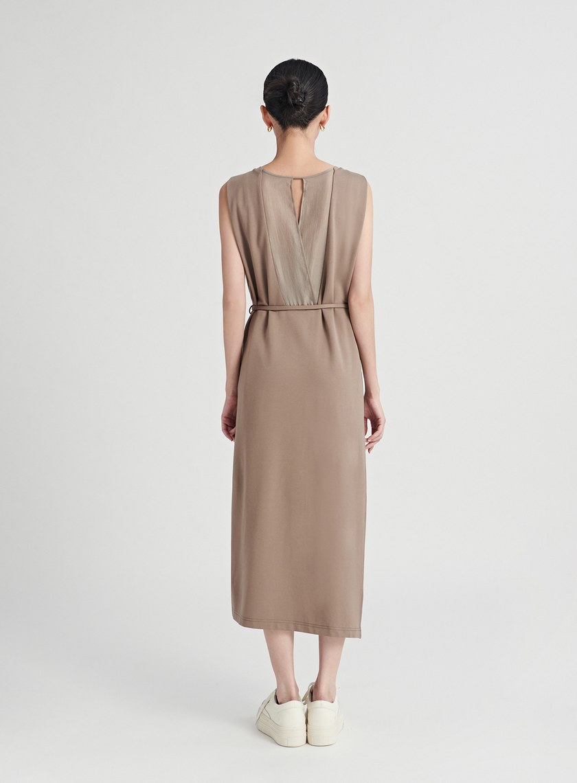 異素材拼接側開衩長洋裝