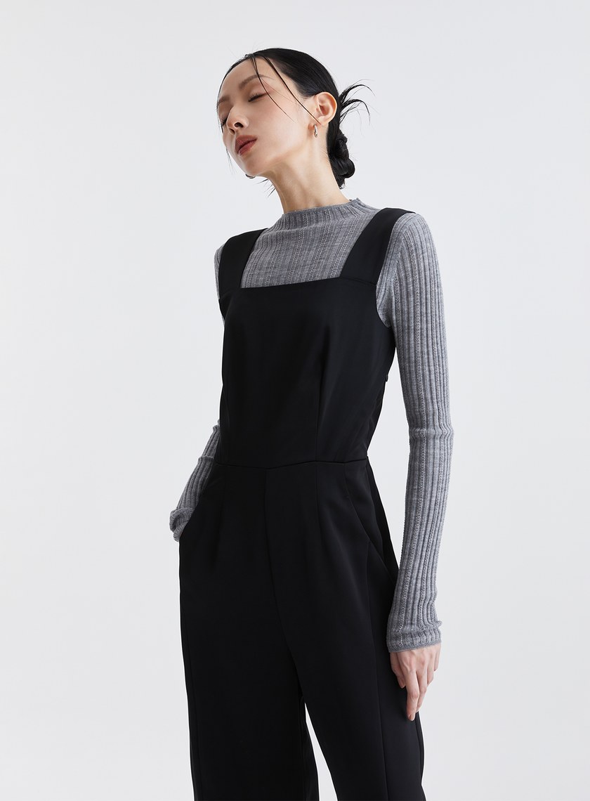 簡約俐落寬肩帶連身褲