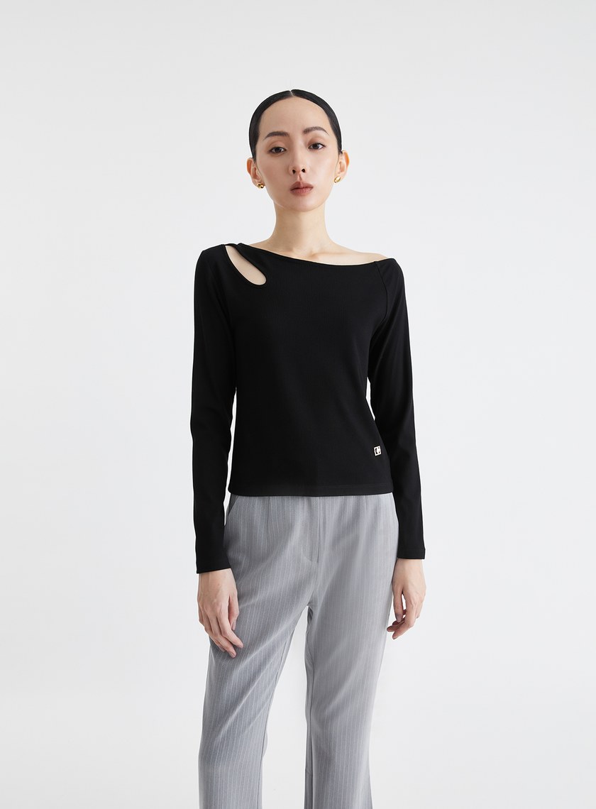 斜領鏤空長袖坑條上衣