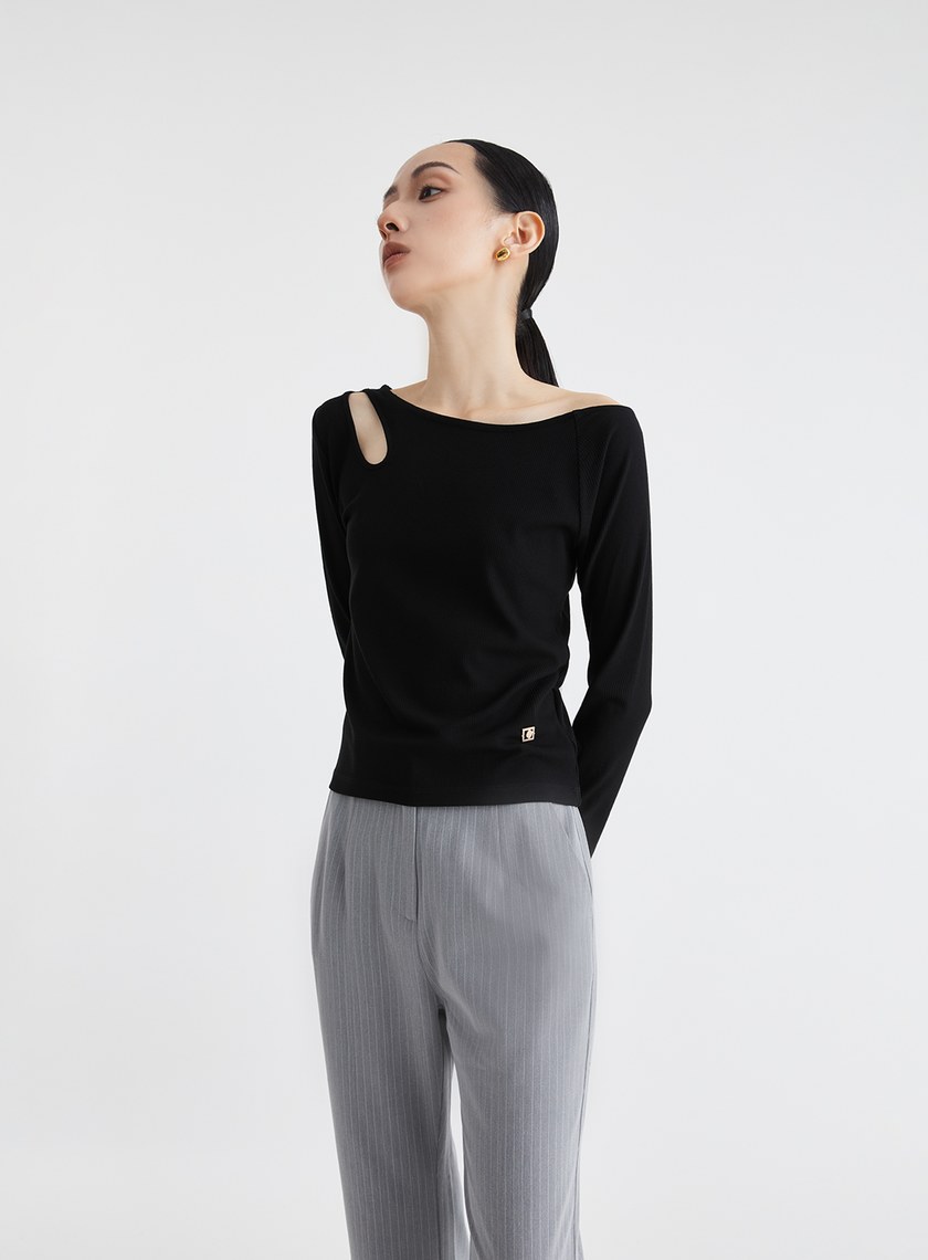 斜領鏤空長袖坑條上衣