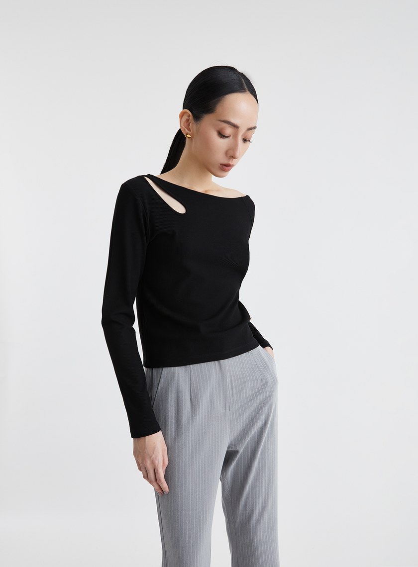 斜領鏤空長袖坑條上衣