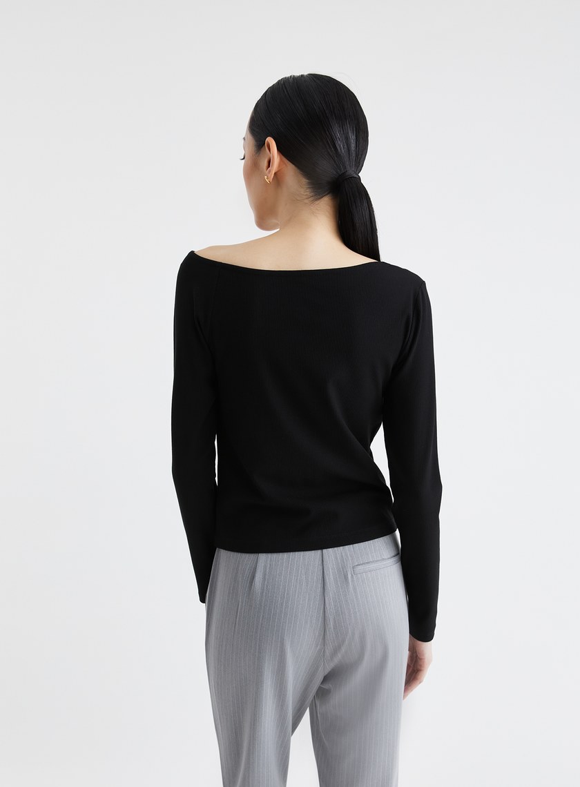 斜領鏤空長袖坑條上衣