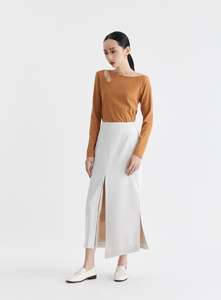 斜領鏤空長袖坑條上衣