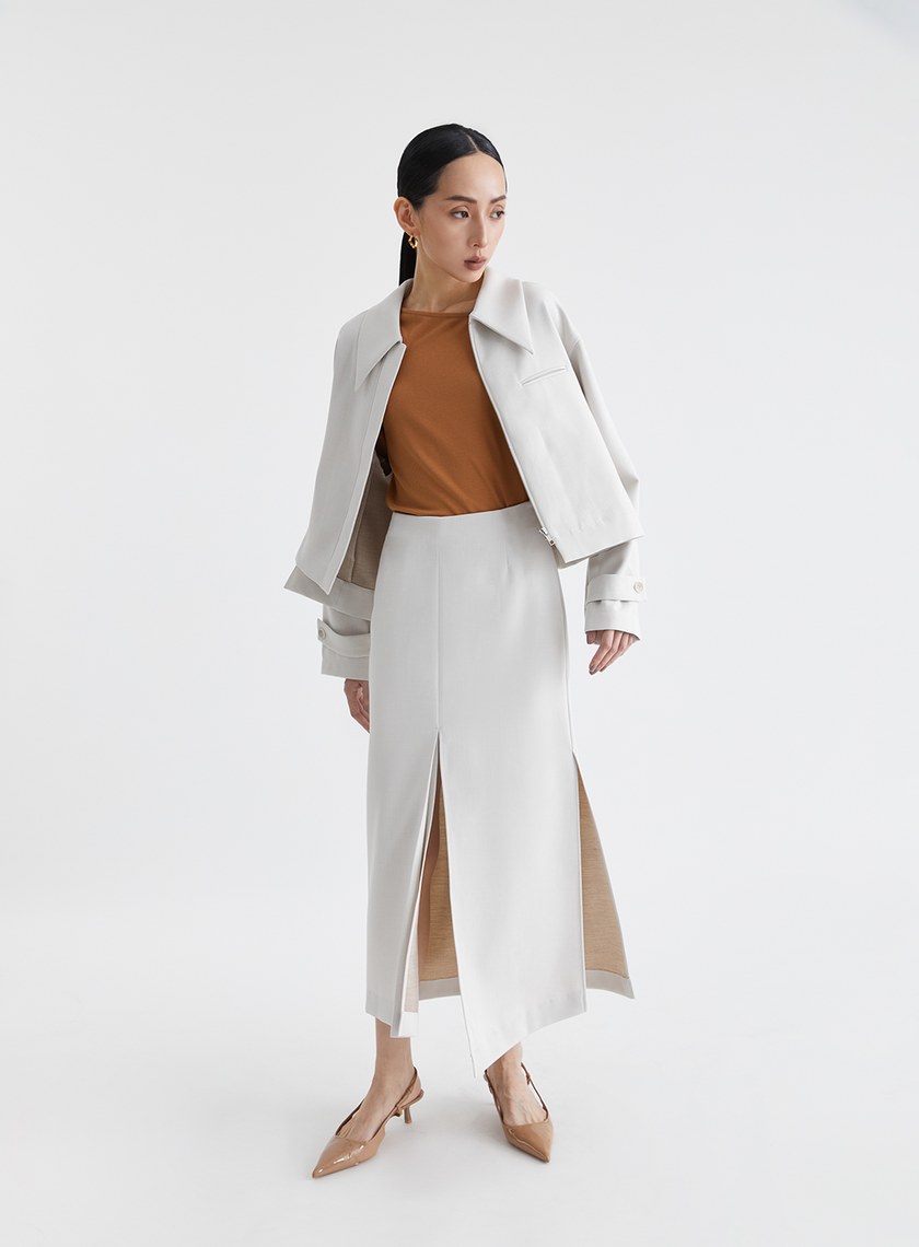 斜領鏤空長袖坑條上衣