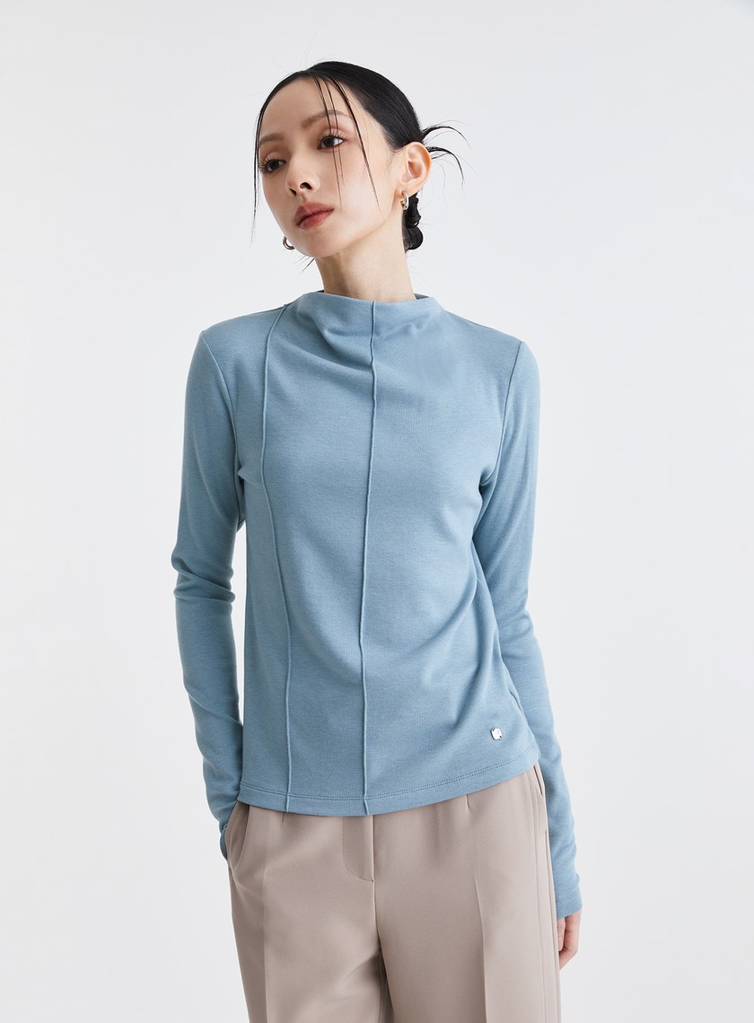 垂墜高領滾邊長袖上衣