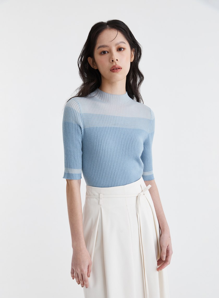 優雅透膚半領針織短袖上衣