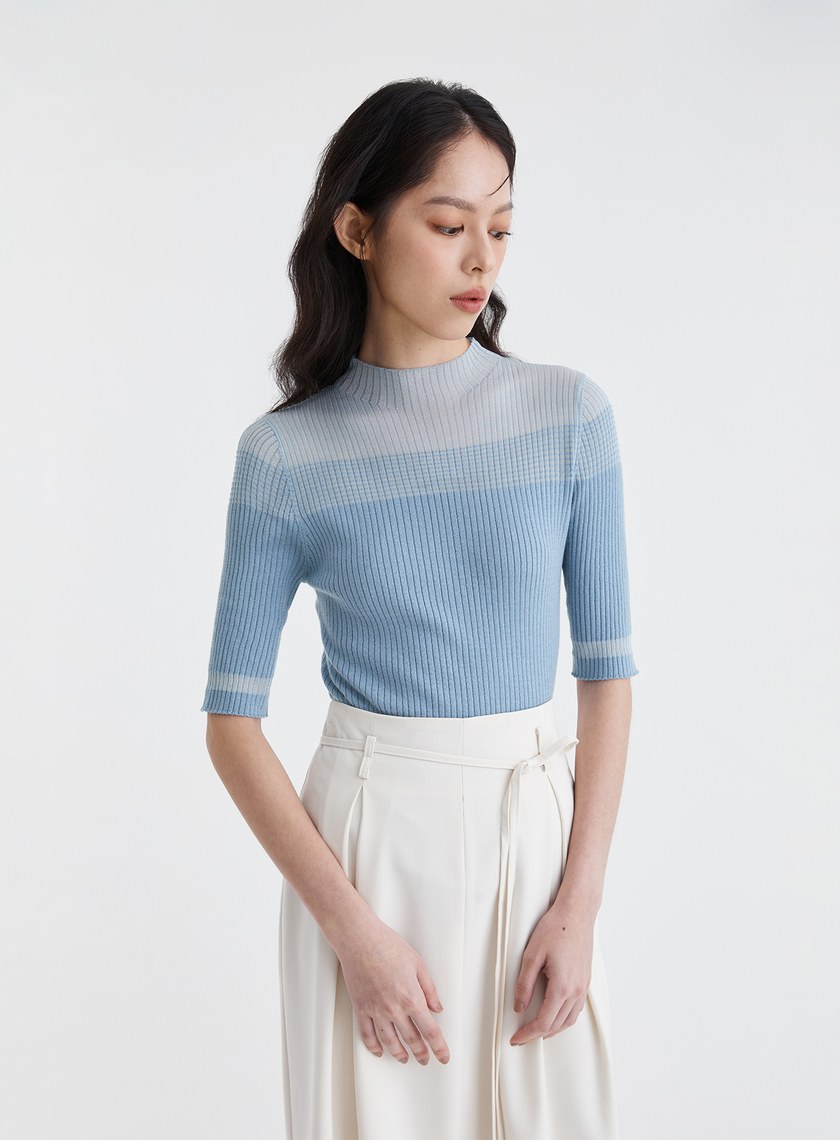 優雅透膚半領針織短袖上衣