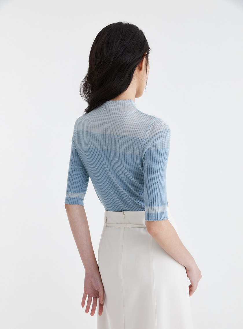 優雅透膚半領針織短袖上衣