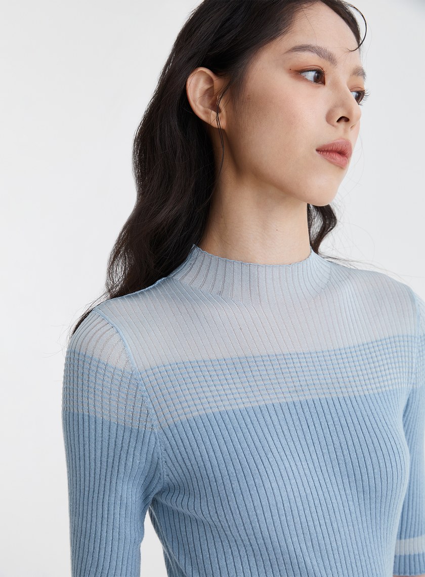 優雅透膚半領針織短袖上衣