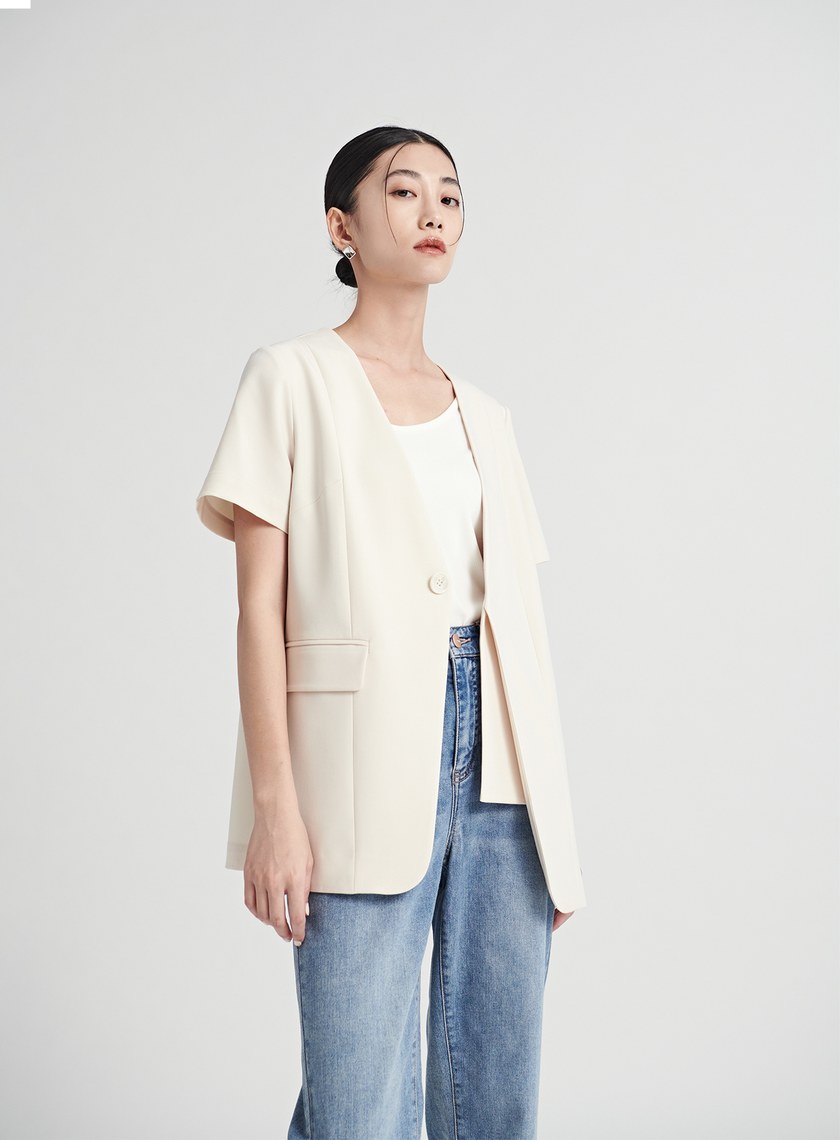 質感無領雙層門襟短袖西裝外套