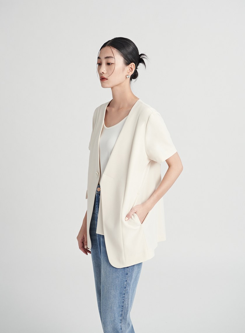 質感無領雙層門襟短袖西裝外套