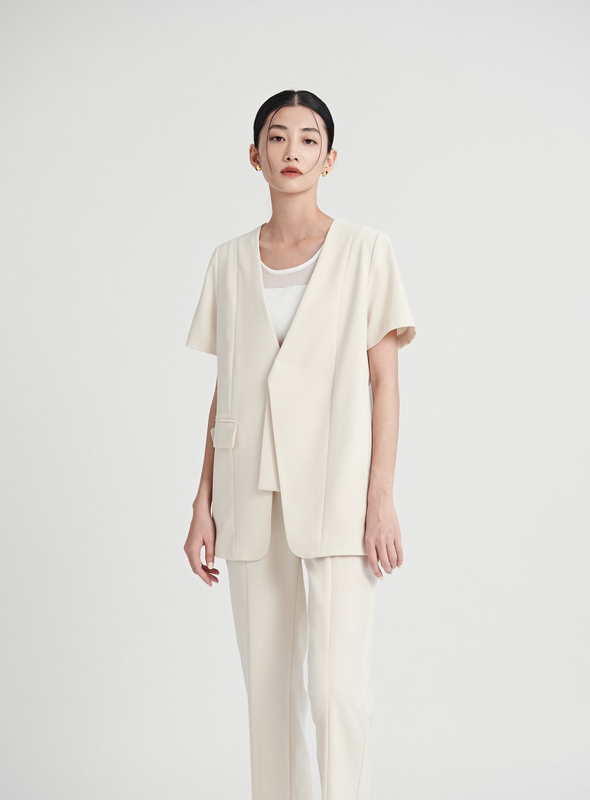 質感無領雙層門襟短袖西裝外套