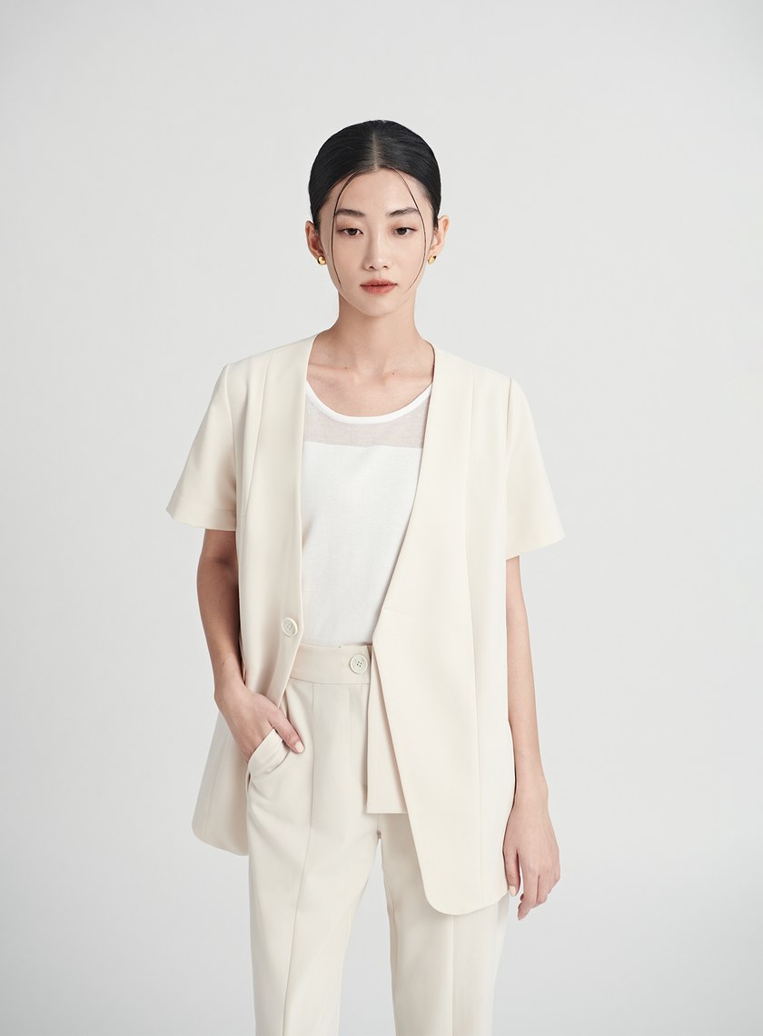 質感無領雙層門襟短袖西裝外套