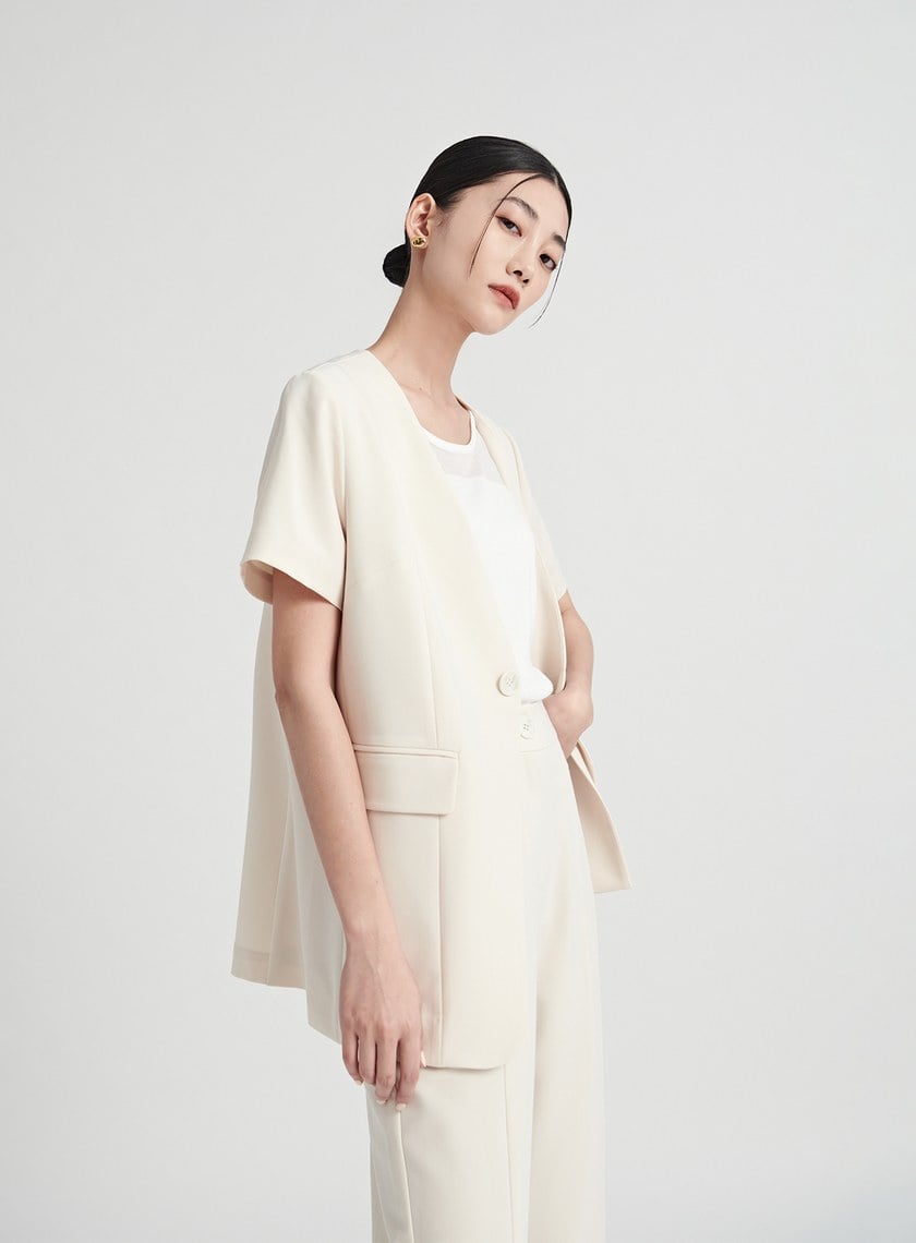 質感無領雙層門襟短袖西裝外套