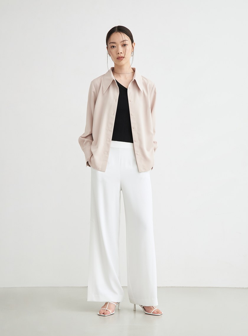 緞面感尖領長袖襯衫