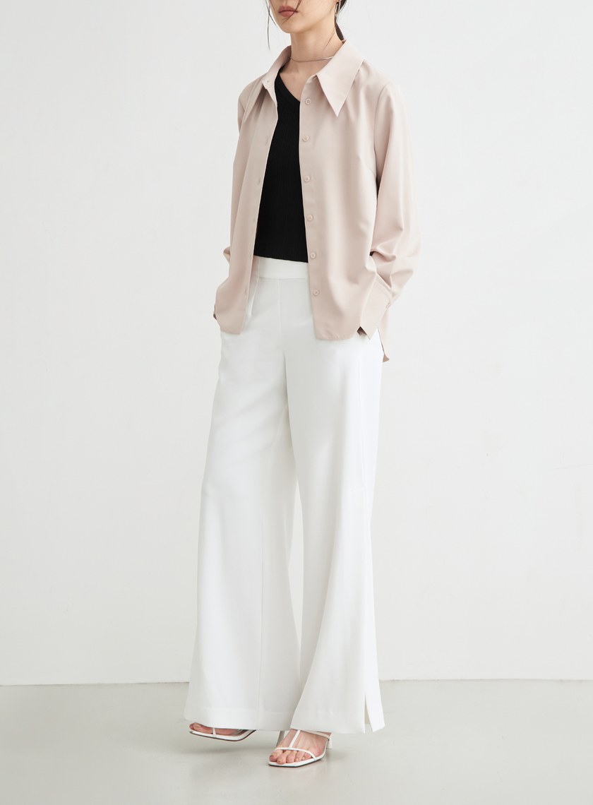 緞面感尖領長袖襯衫