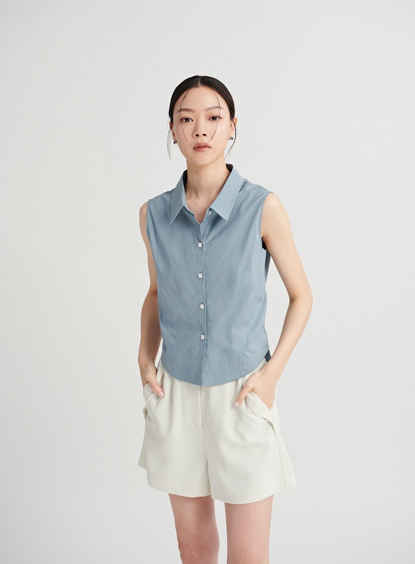 馬甲造型後活褶無袖襯衫