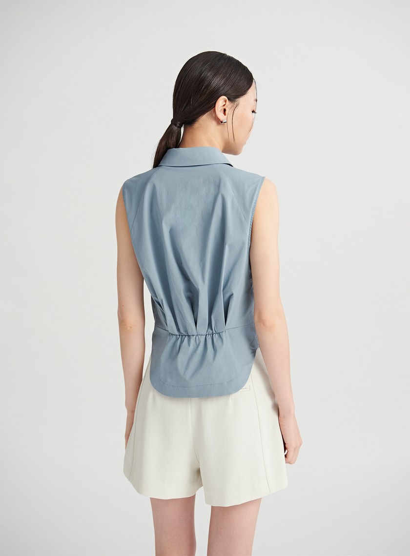 馬甲造型後活褶無袖襯衫