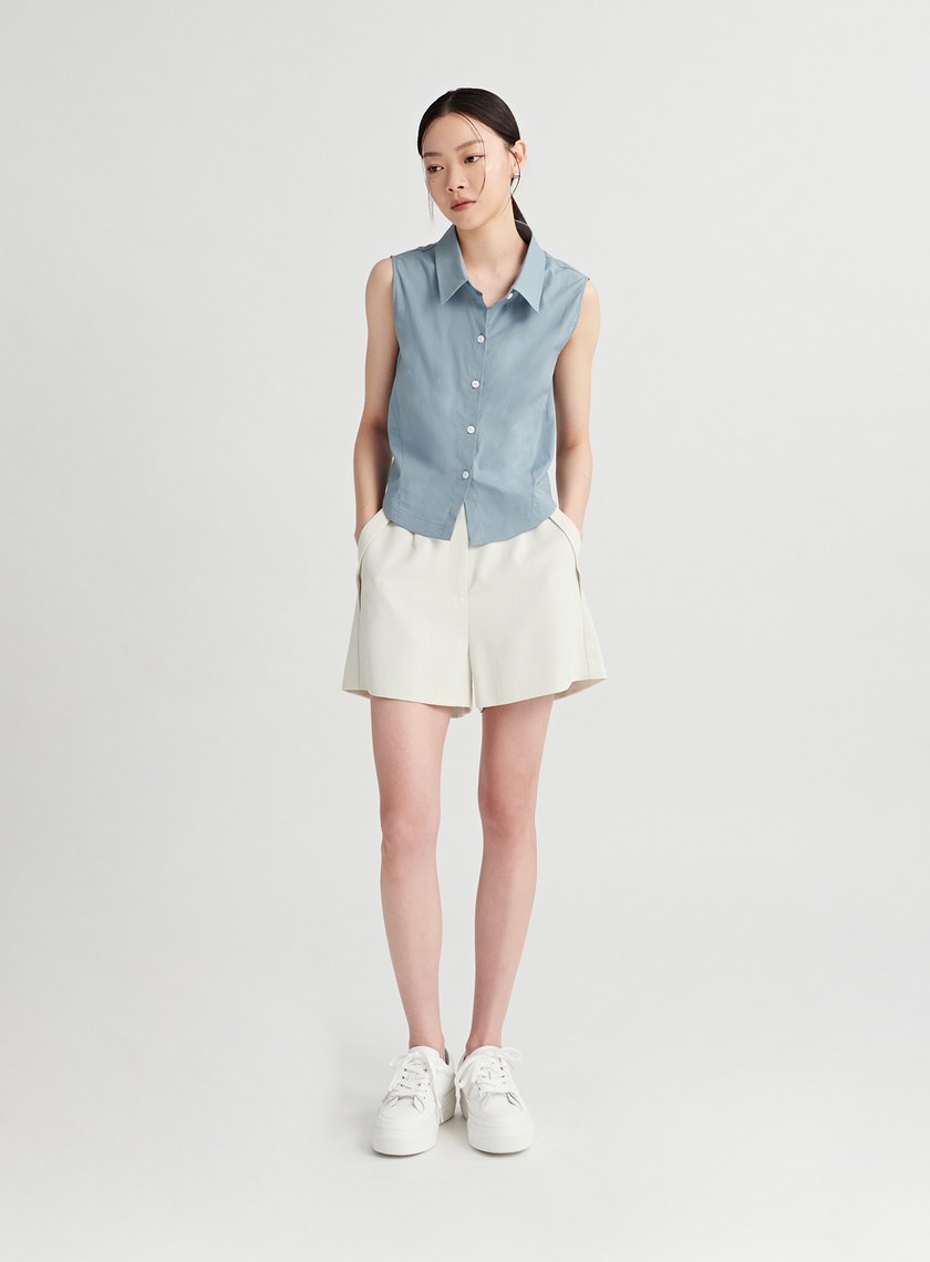 馬甲造型後活褶無袖襯衫