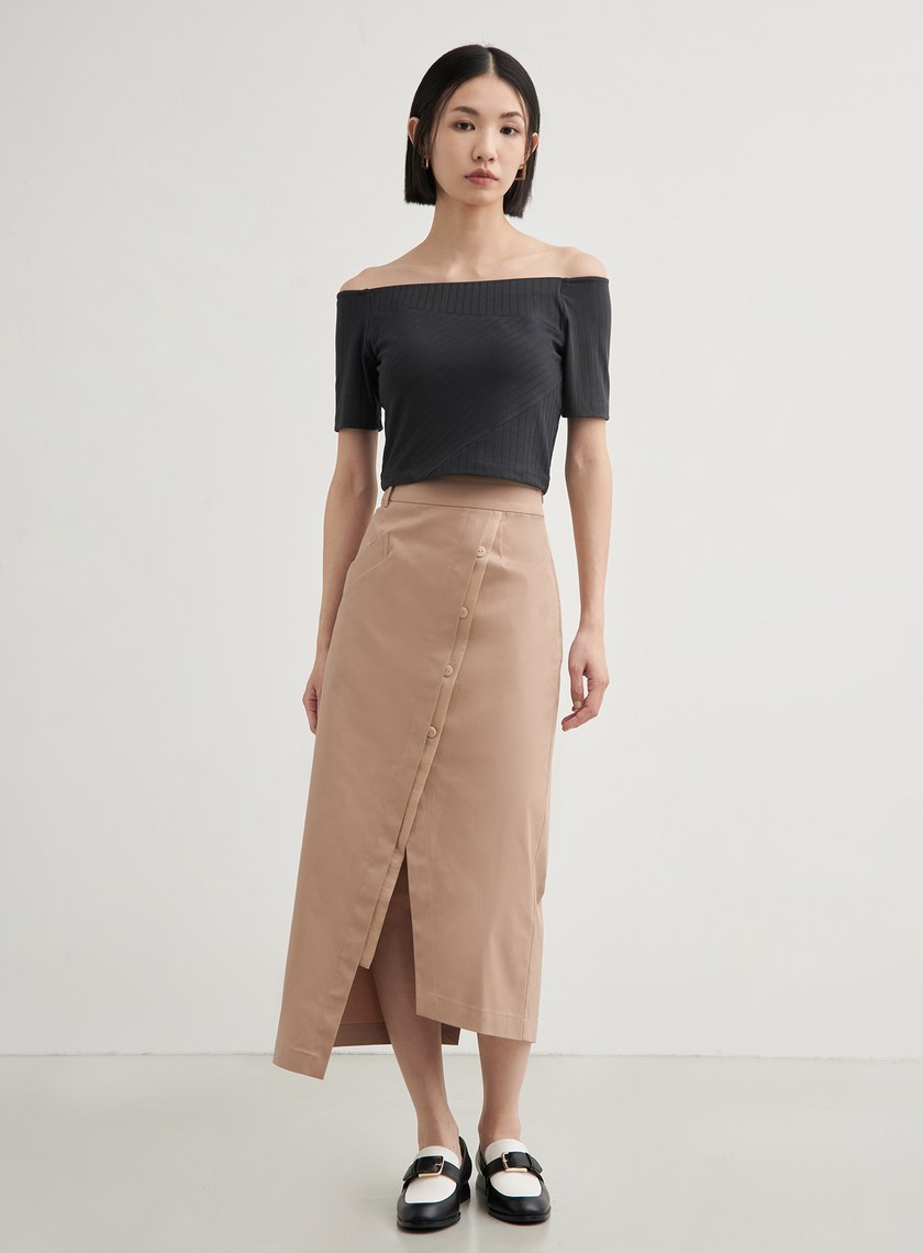 不對稱修身開衩直筒長裙