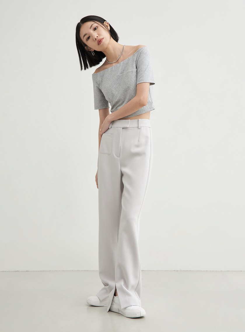 修身口袋微喇叭直筒褲