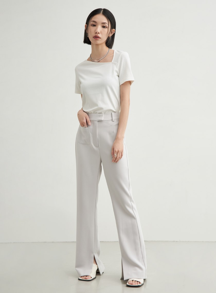 修身口袋微喇叭直筒褲