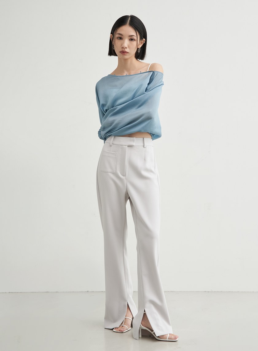 修身口袋微喇叭直筒褲