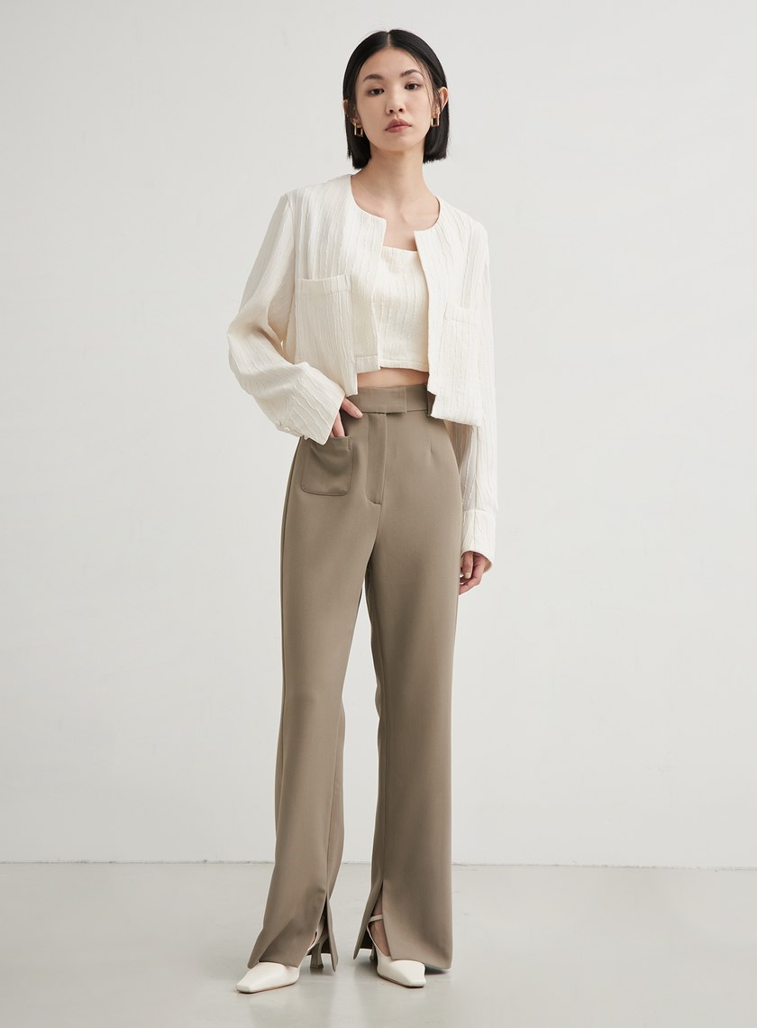 修身口袋微喇叭直筒褲