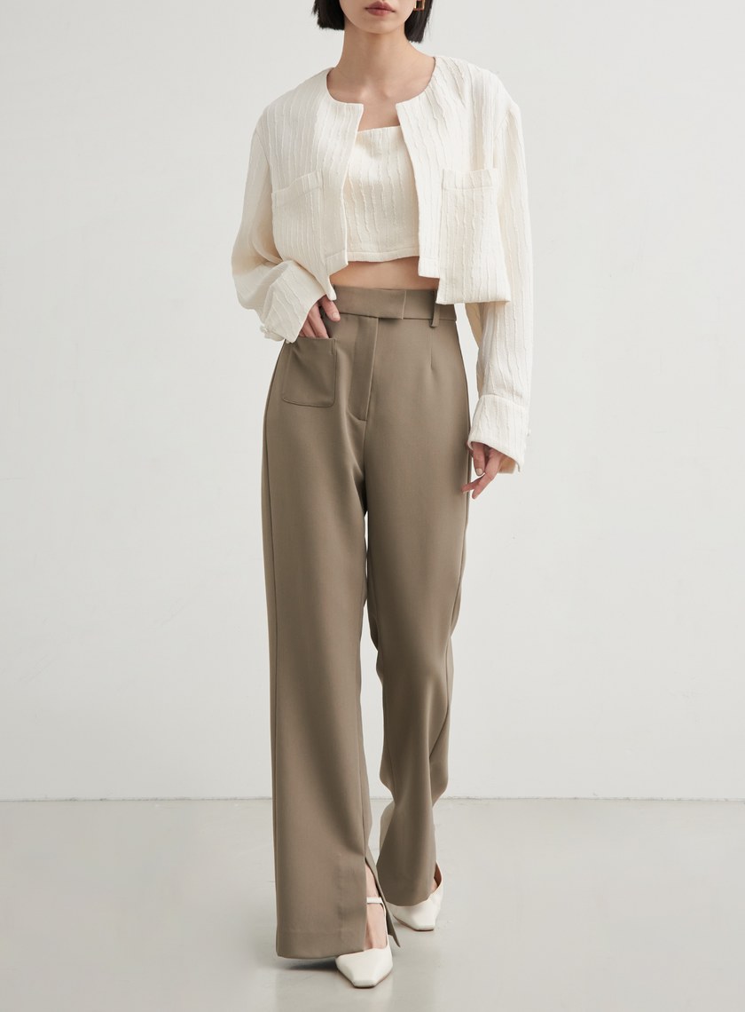 修身口袋微喇叭直筒褲