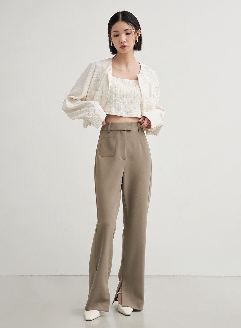 修身口袋微喇叭直筒褲