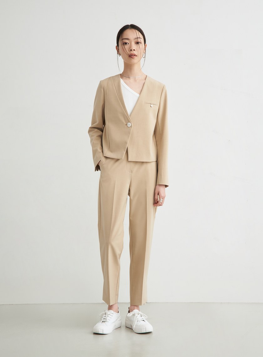 不對稱腰頭開衩細節九分褲