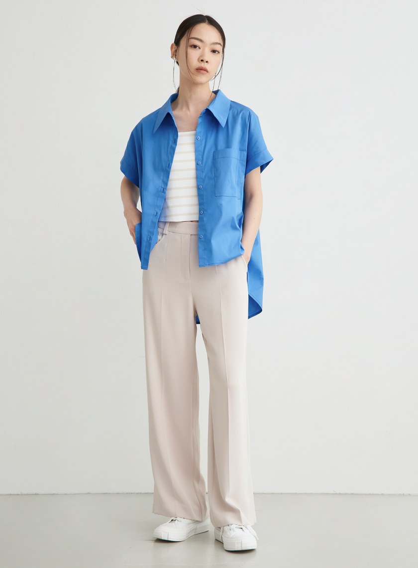 修身燙線開衩直筒寬褲