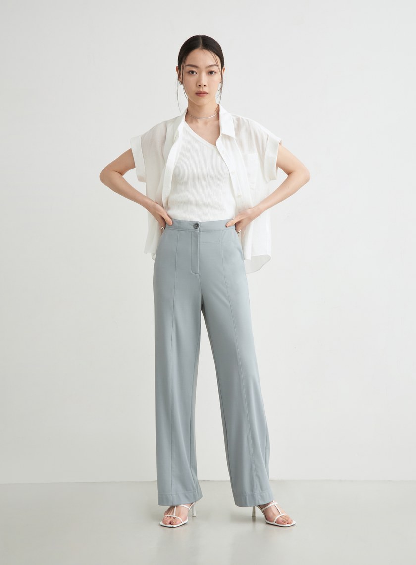 不對稱壓線休閒西裝寬褲