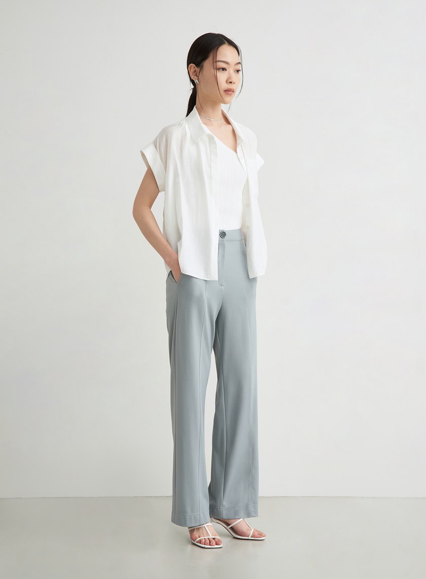 不對稱壓線休閒西裝寬褲