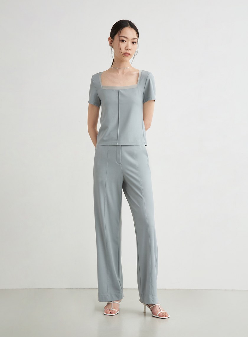 不對稱壓線休閒西裝寬褲