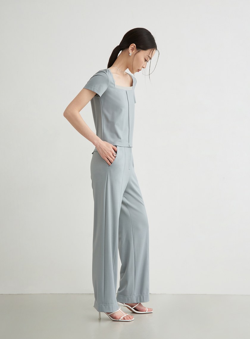 不對稱壓線休閒西裝寬褲