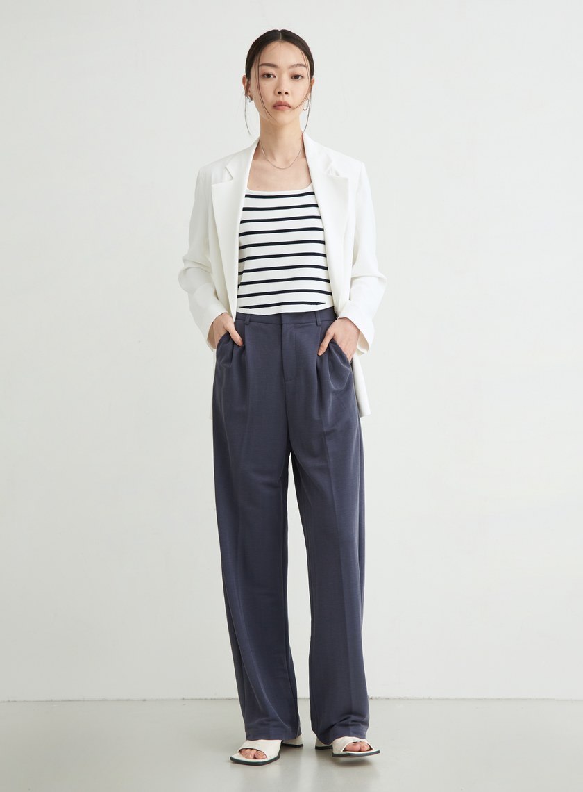 舒適休閒後鬆緊打摺寬褲