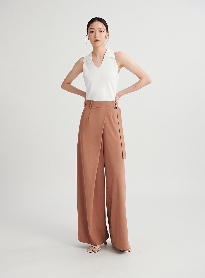 俐落交疊腰帶設計西裝寬褲