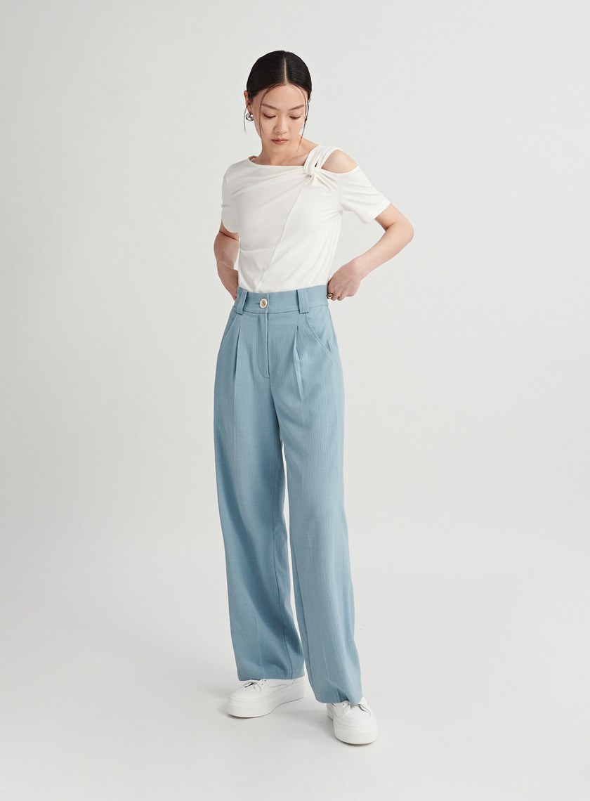 皺縮肌理修身直筒寬褲