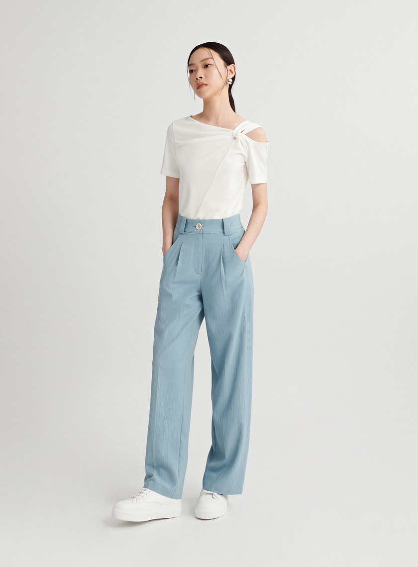 皺縮肌理修身直筒寬褲