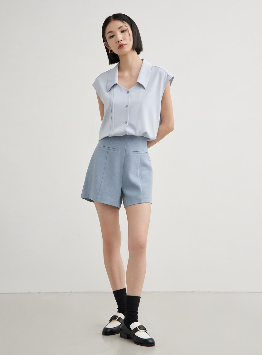 高腰修身肌理西裝短褲