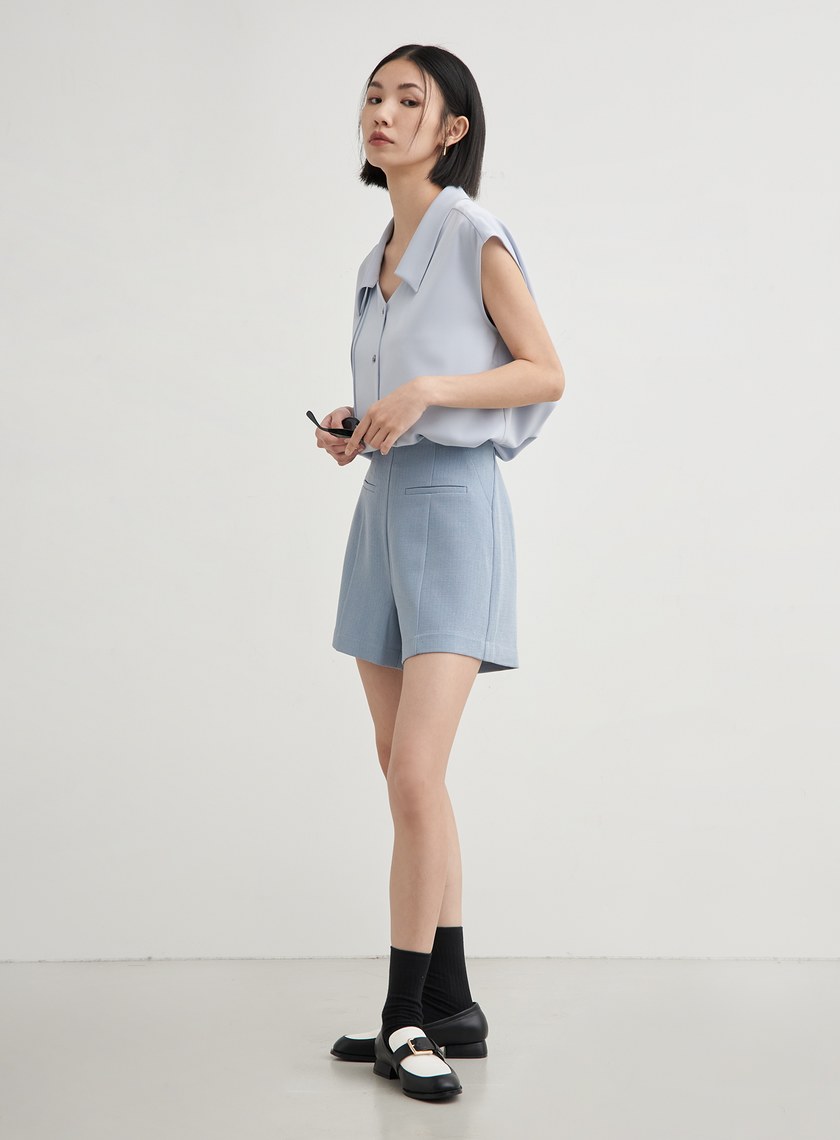 高腰修身肌理西裝短褲