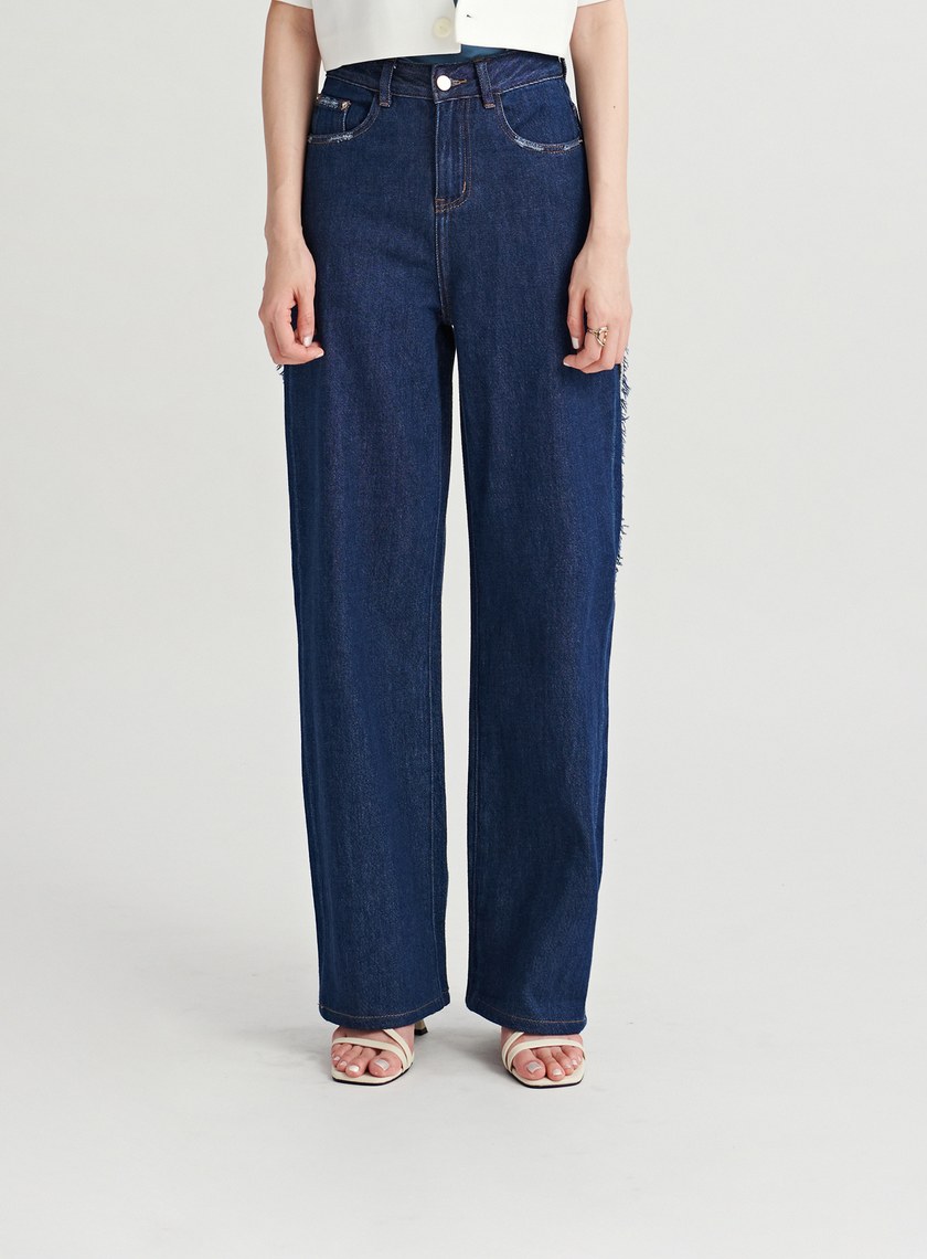 不收邊細節原色牛仔寬褲