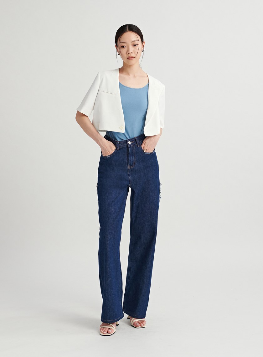 不收邊細節原色牛仔寬褲