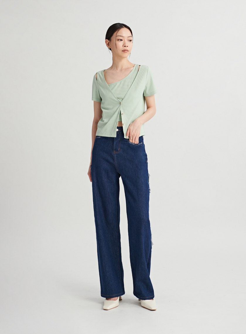 不收邊細節原色牛仔寬褲